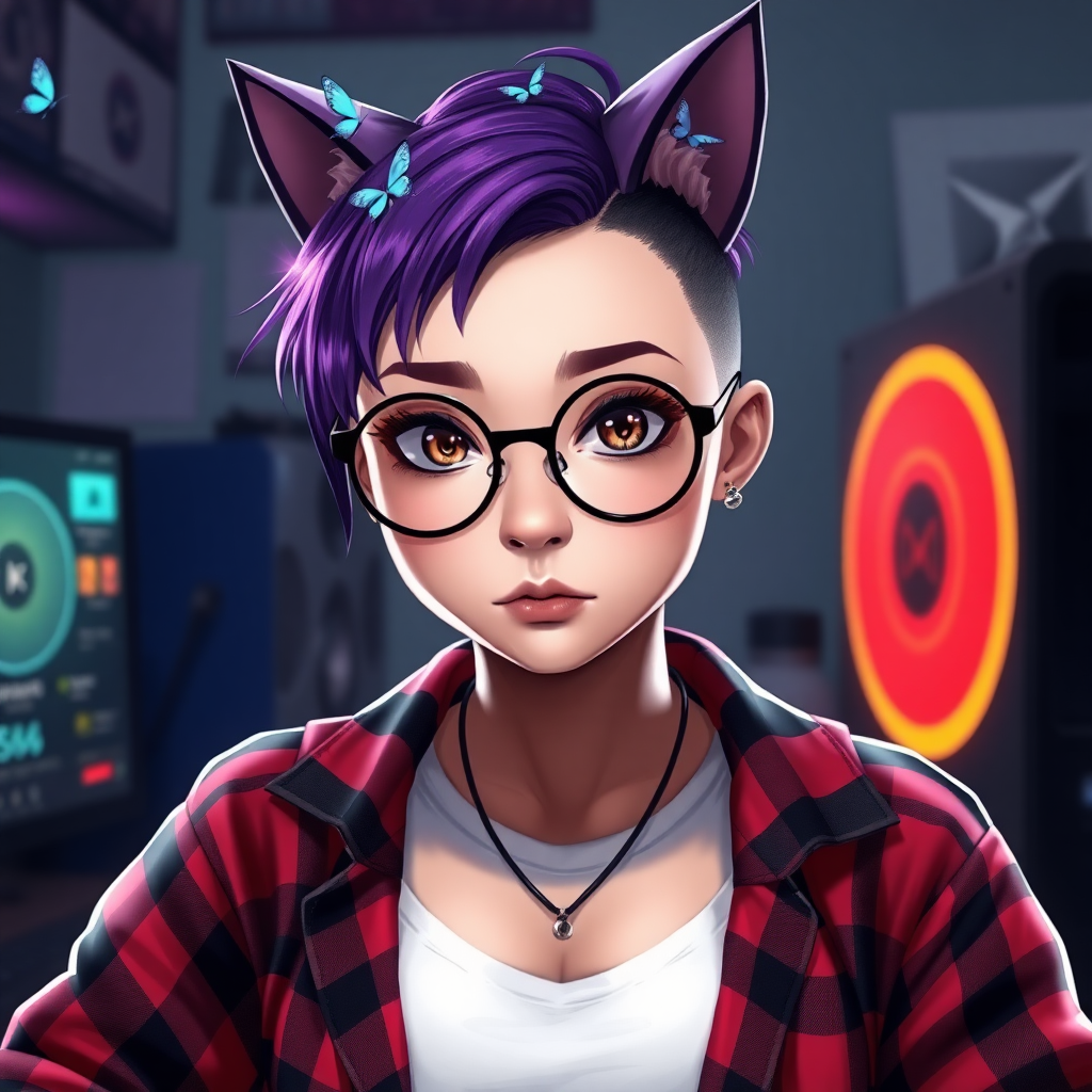 female lesbian cat-man with a big bust, 90D, without makeup, serious with small blue butterflies on her head, a round face, with a purple undercut hairstyle, hazel eyes, dimples on her cheeks, chubby cheeks, wearing semi-round glasses, a red and black open plaid shirt with a white t-shirt, in front of a gaming PC, in digital art