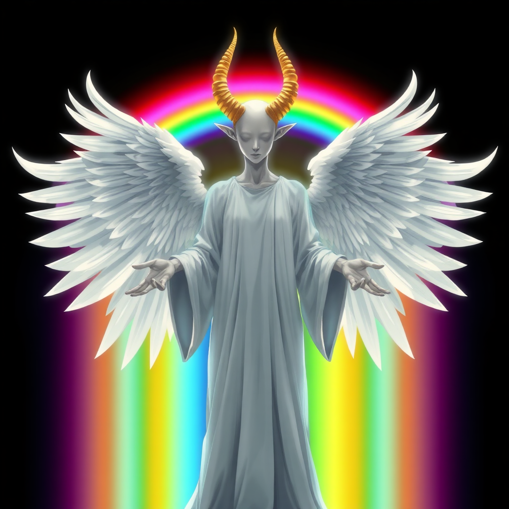 (Anime-styled art) Set against a deep black backdrop, a radiant, rainbow-hued barrier shimmers with vibrant, shifting colors. At its center stands a genderless, faceless figure, completely devoid of features—no eyes, no ears, no mouth, no expression. The being exudes an unsettling yet angelic presence, its skin a flawless, pale silver-white. From its head curve two golden, goat-like horns, amplifying its eerie aura. Four immense, glowing angelic wings spread from its back, each feather softly illuminated. Clad in flowing white robes that ripple with divine energy, its outstretched hands seem to command an otherworldly force. Both captivating and terrifying, this ethereal figure embodies a striking balance of beauty and dread.