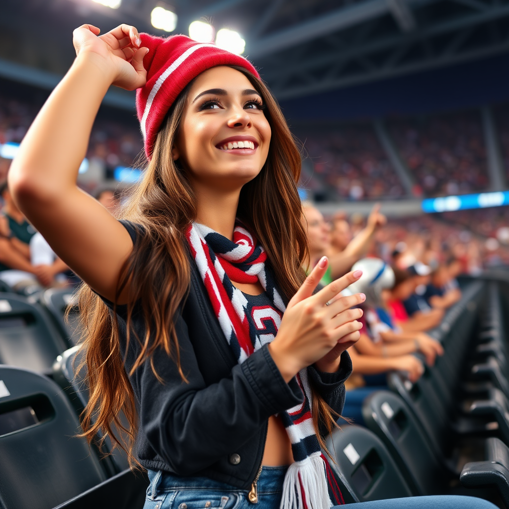 Attractive female NFL fangirl, stadium bleacher row, cheering during the match