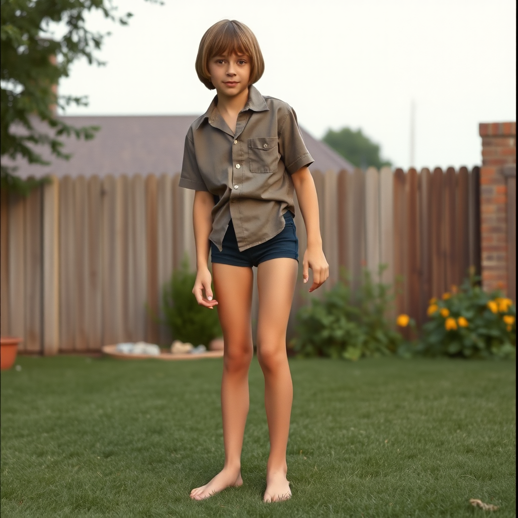 tall 14yo teen boy, long hair bob cut, wearing shirt and very tight booty shorts, long legs, narrow thighs, full-length front view. 1970s. Playing at backyard. photorealistic, ultra high resolution, 16K, Negative: grainy, blurry, bad anatomy, extra limbs, watermark.