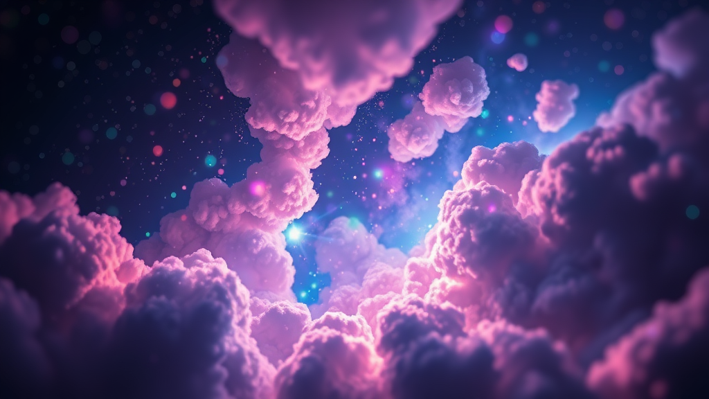 mandelbulb clouds, microscopy, Low Key Lighting, dreamscape, nebula, Bokeh, abstract, brilliant colors, glittering, translucent, iridescent, glowing, artistic photo, panoramic, airy, original, experimental, interdimensional, generative art, fractal