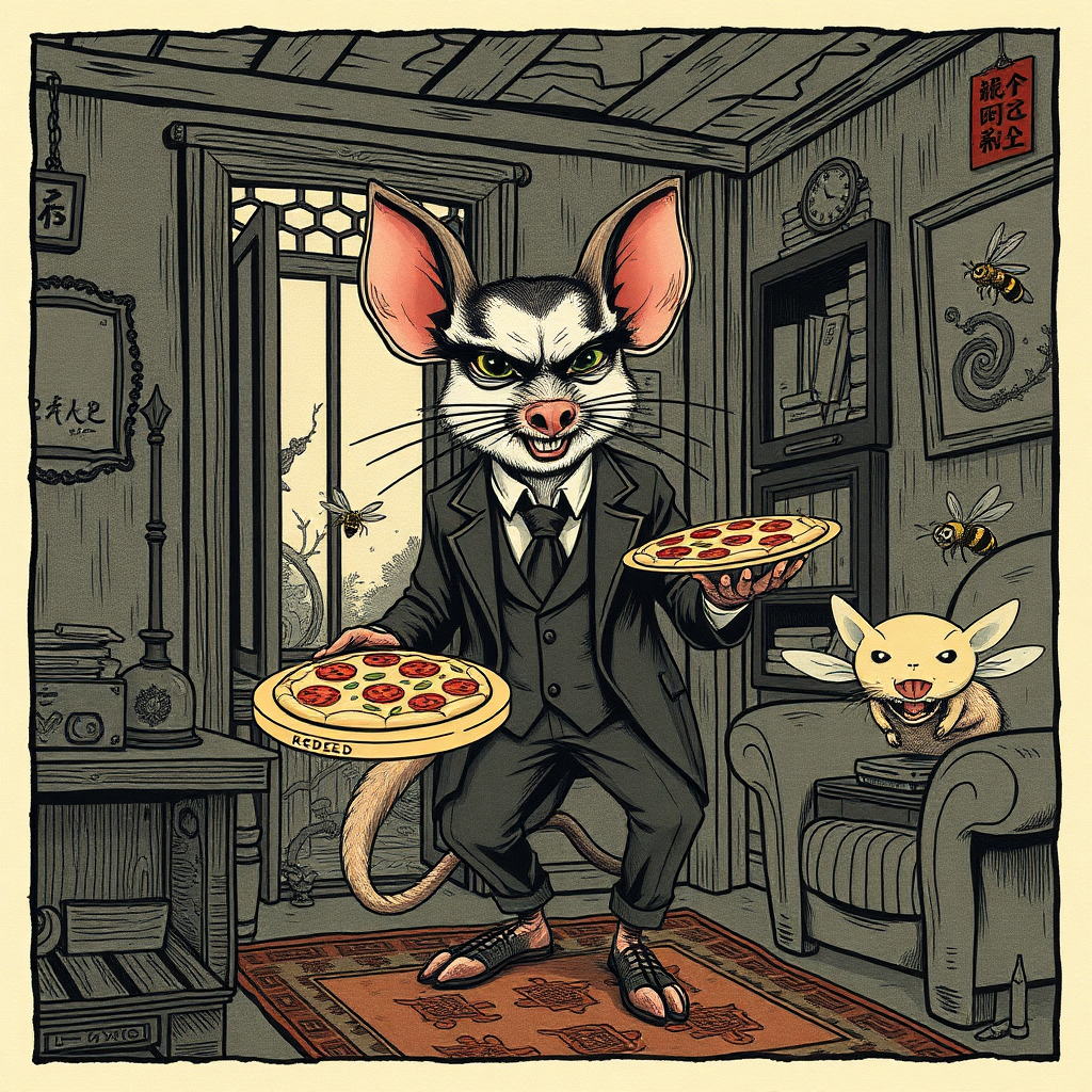 A well dressed handsome rat demon delivering pizza to angry bees in a decayed apartment, Chinese woodcut