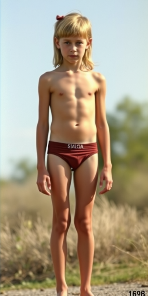 A skinny 14yo teen boy, long hairs bow cut, wearing little speedo, long legs, narrow thighs. full-length view. 1970s. photorealistic, ultra high resolution, 16K, Negative: grainy, blurry, bad anatomy, extra limbs, watermark.