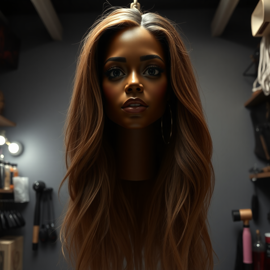 In a dimly lit, eccentric long hair fetish store, a strikingly unique and surreal display draws attention: the real live, flesh-and-blood disembodied head of a stunning woman reminiscent of Beyoncé, her long, flowing hair cascading like a silky waterfall around her neck. The luxurious strands shimmer with intricate highlights, ranging from deep ebony to sun-kissed gold, accentuating her perfectly sculpted features. Her captivating, dark eyes glisten with an enigmatic allure, expressing an uncanny mix of grace and mischief. 

The background is a plain, muted gray, contrasting sharply with the vibrant beauty of the head and her extravagant hair, allowing viewers to fully focus on the astonishing sight. Subtle whispers float through the air, blending with the soft rustle of hair as it sways gently, creating a sense of uncanny vitality. The atmosphere is thick with a mixture of curiosity and fascination, as shoppers, drawn in by the bizarre display, exchange incredulous glances and hushed conversations, their excitement palpable. 

The shop’s interior is cluttered yet inviting, filled with an array of hair-related items: brushes, wigs, and accessories, each designed to celebrate the beauty and allure of long hair. Dim, ambient lighting adds to the mystique, casting playful shadows that dance around the room, enhancing the surreal quality of the disembodied head on display. It's an experience that blurs the lines between reality and fantasy, tugging at the viewer’s imagination and evoking a sense of wonder.