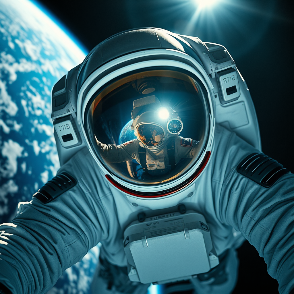 Astronaut in a white spacesuit, floating in space, with Earth in the background. The scene captures a hyperrealistic view showcasing the intricate details of the suit, including textures and reflections in the visor. The visor reflects another astronaut and elements of the spacecraft. The background features deep blues and whites of Earth and the vastness of space, with a dark, almost black, void surrounding it. Bright sunlight highlights parts of the astronaut's suit, creating stark contrasts and emphasizing the details. Include hints of light shimmering off the helmet and the colors of the spacecraft against the cosmic backdrop.