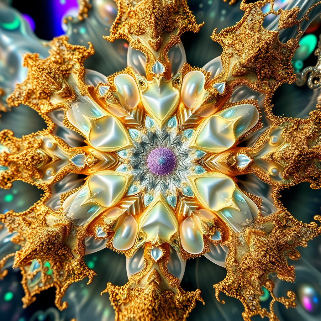 under water, abstract, mandelbulb fractal, sacred geometry, ultra-detailed, dynamic composition, artistic photograph, fractal, brilliant colors, glittering, transparency, translucent, opal, gold, romanticism, sharp focus, floral, mother of pearl, iridescent