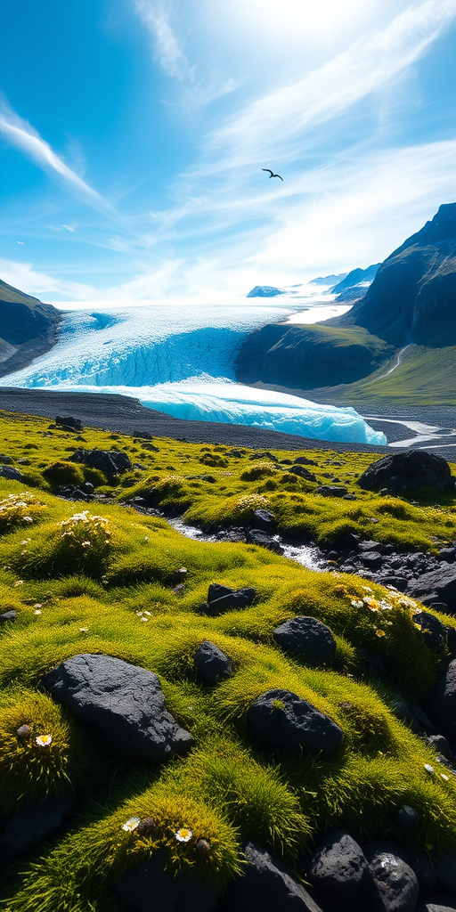 ultra-realistic, highly detailed iPhone background of an Icelandic landscape with a glacier, rich in intricate textures and elements. In the foreground, capture moss-covered green hills dotted with dark, weathered volcanic rocks, intricately textured with tiny cracks and lichen. Scatter small clusters of vibrant yellow and white wildflowers amidst the grass, and include tiny rivulets flowing over pebbles, their surfaces sparkling in the morning light. Add fine blades of grass swaying in the wind, some coated with dew droplets that catch the light, reflecting the golden hues of the low sun.

Moving toward the middle ground, showcase jagged cliffs and steep valleys etched by ancient glacial movement. Every rock face should be rugged, with visible layers of sediment, cracks, and weathering. The glacier looms majestically in the background, with deep blue crevasses cutting into the brilliant white surface, while areas of exposed ice shimmer under the light. The glacier’s surface should reveal subtle textures—frozen ridges, windswept snow, and ice formations that seem almost tactile. Add streams of meltwater trickling down from the glacier, carving tiny paths in the ice.

Above, the sky is a bright, piercing blue with delicate, wispy clouds floating high in the atmosphere. Geothermal steam rises from the ground in the distance, swirling subtly, and you can faintly see seabirds flying near the cliffs, casting tiny shadows on the ground below. Far-off, a waterfall cascades down the cliffs, its mist rising into the air and adding to the atmospheric depth. Blend the vibrant green of the moss, the icy blues and whites of the glacier, and the soft yellows of sunlight, creating a dynamic, immersive scene with layers of realistic detail.