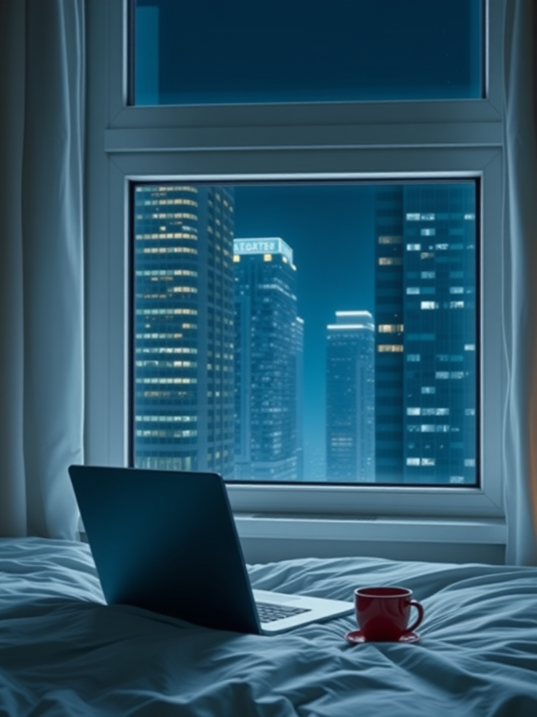 Window, bed, laptop, cup, night, no light, tall buildings, dim light, real, reality