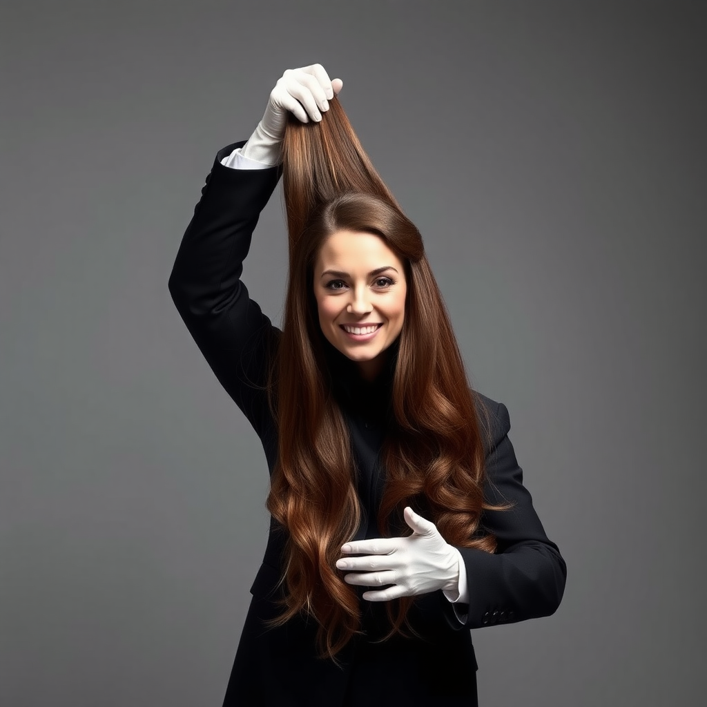 A surreal image of a magician holding up the disembodied head of a very long haired Kate Middleton. He is grabbing her very long hair and pulling it up high in the air, while her head is hanging by her hair from his grasp to display it to the camera. Plain gray background.