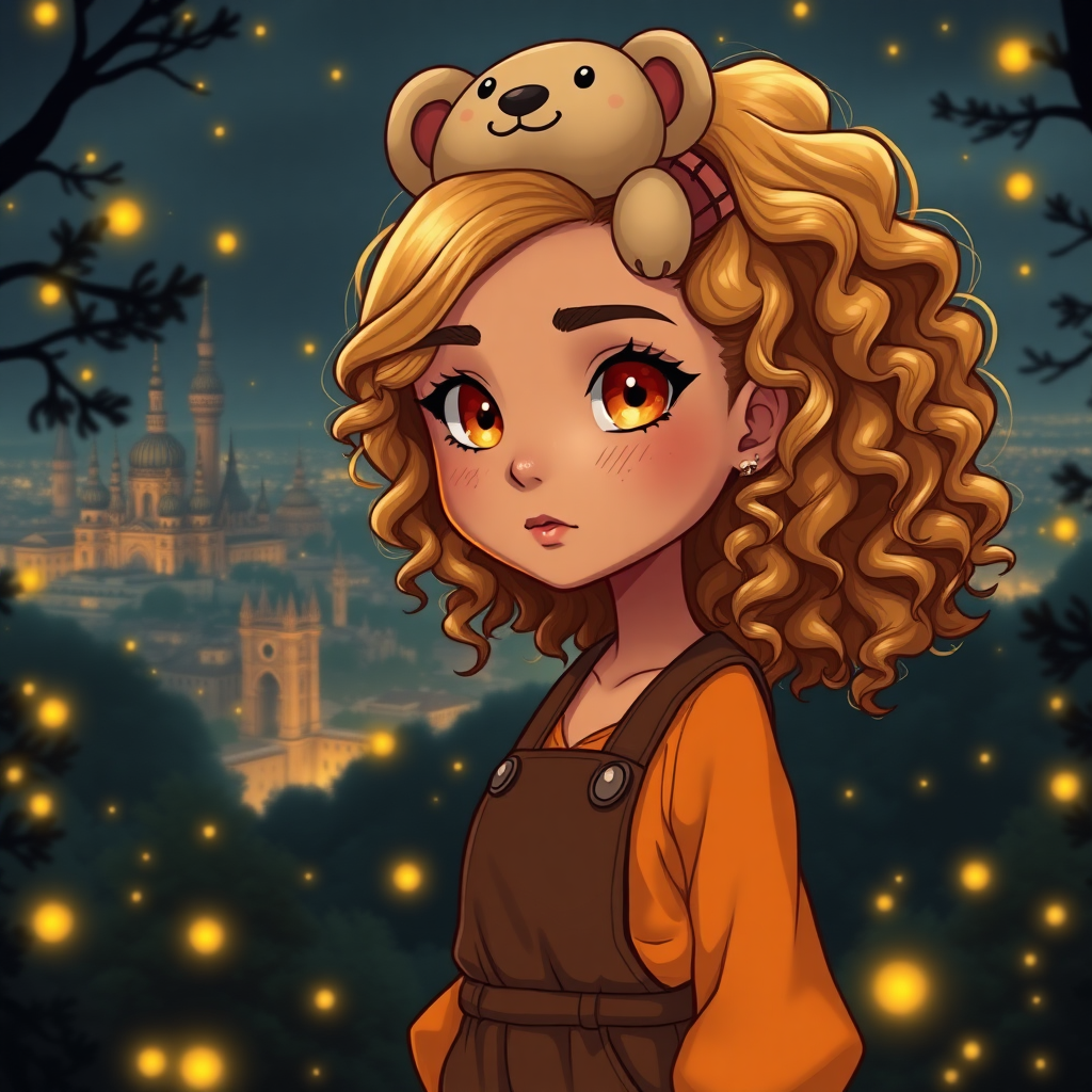 Create a detailed, chibi-style image of a 25-year-old woman with olive skin. Her eyes are amber and orange in color. Her hair is voluminous and curly to her shoulders. She has delicate features, and her face is strong and cute at the same time. She wears a brown jumpsuit and an orange blouse underneath. She has freckles on her face. It's in the middle of a dark forest, lit by fireflies that glow softly. In the background, a city with fantastic architecture, giving a magical touch to the scene. The image must be chibi style, capturing every detail with precision and 8k quality. It looks like a photograph. Extremely chibi. 25 years old. She wears a bear clip on her head. Beautiful. Beautiful. Extremely realistic. Beautiful appearance. Shiny golden blonde hair.