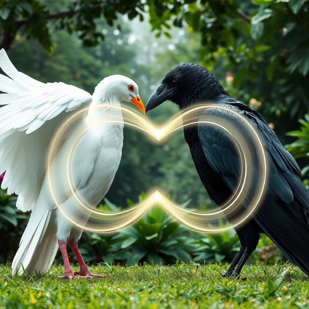 a huge white dove and a huge black crow standing facing each other within a clearing in an incredible lush garden. The beak of the dove is touching the beak of the crow. There is a large abstract infinity symbol of wavy, transparent light energy that crosses where the beaks meet and covers the entire bodies of the birds