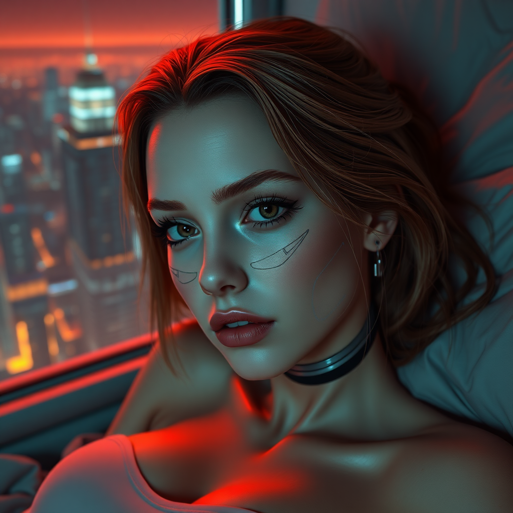 20 year old woman, pale skin, big brown eyes, brown hair with blond highlights underneath, cybernetic implants, symmetrical metal lines on face, laying on a bed, window view of a futuristic high rise cityscape, dim neon lighting, 2.5D style