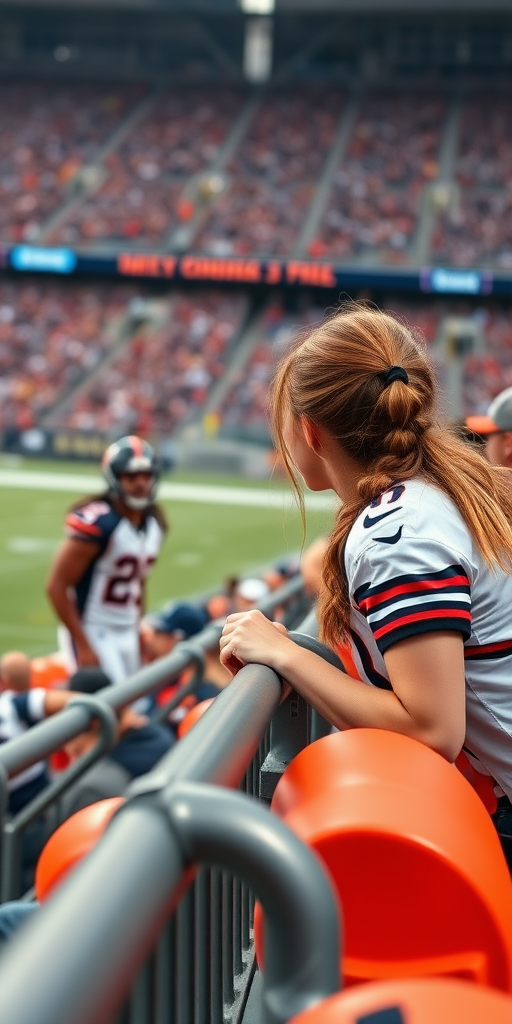 Attractive female NFL fan, pigtail hair, leaning forward over front row stadium barriers, fangirling over an NFL player who's on the field