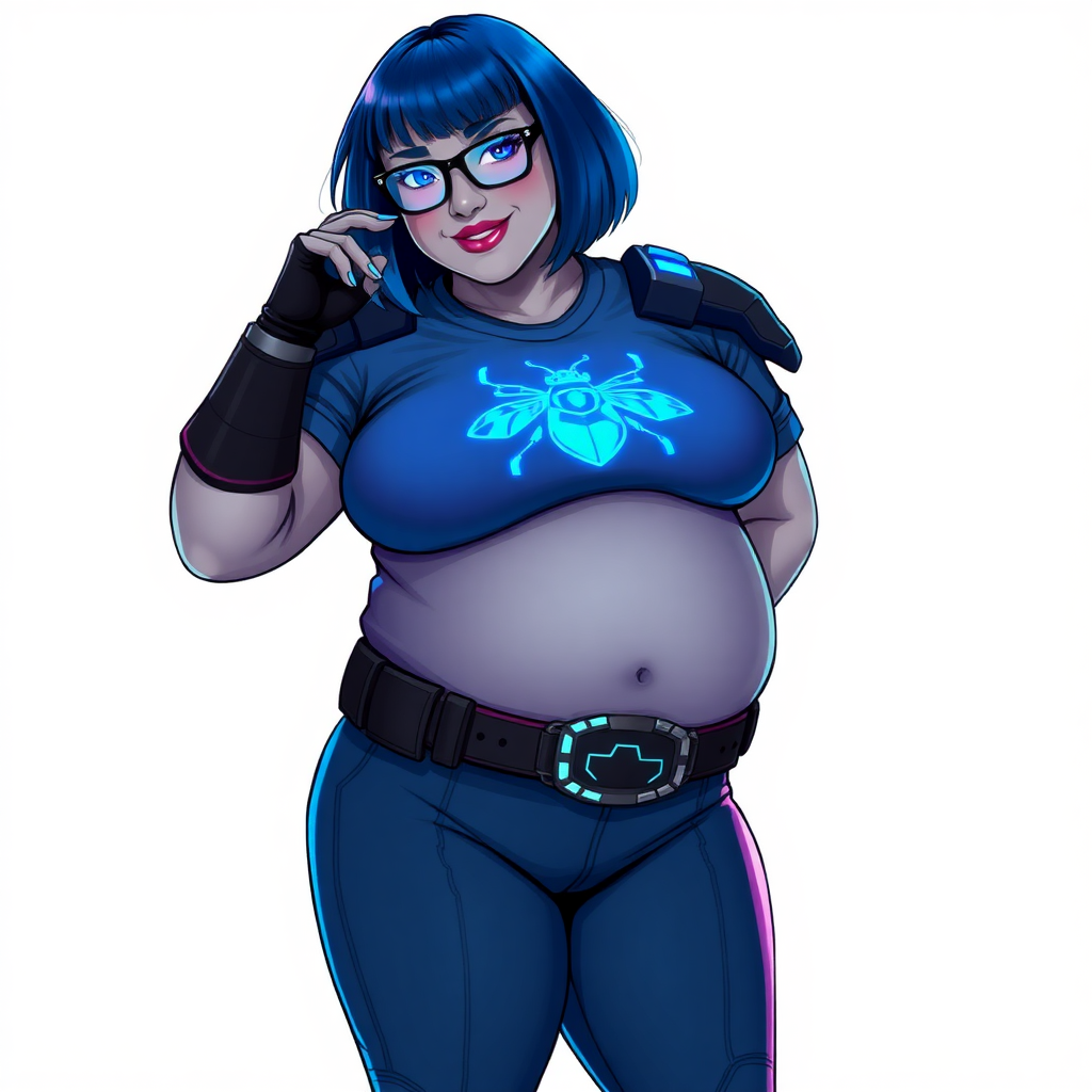 A 28-year-old, full-figured, middle gray skinned computer program hybrid with a maximum blue bob cut. She has a non-athletic build, highlighted by a prominent, round, large midsection (with heavy emphasis on her large belly). As the full-figured digital sidekick to her cyberpunk vigilante boyfriend, her middle gray metallic skin and maximum blue lipstick emphasize her digital nature. She wears a digital, computerized costume inspired by DC’s Carrie Kelly Robin, consisting of a huge, tight-fitting, maximum blue t-shirt with a neon blue glowing chest icon of a beetle, hi-tech shoulder pads with neon blue accents, a black hi-tech belt with a digital neon blue glowing buckle, digital maximum blue pants with neon blue accents, and black hi-tech fingerless biker gloves with neon blue glowing accents. Her neon blue glowing eyes, black eyeglasses with a neon blue glowing HUD built into the lenses, and shy smile with neon red blush accentuate her nerdiness. She stands bashfully with one hand behind her back and the other hand gently touching her cheek, her costume covering all her skin and emphasizing her full-figured physique (especially her belly). She is clearly non-athletic, with a heavy focus on her large belly. Despite her build, she radiates beauty. She has a slim face compared to her physique, accentuating her radiant beauty. She is on a solid white background. She is drawn as if she were in a retro 2D cyberpunk fighting game.