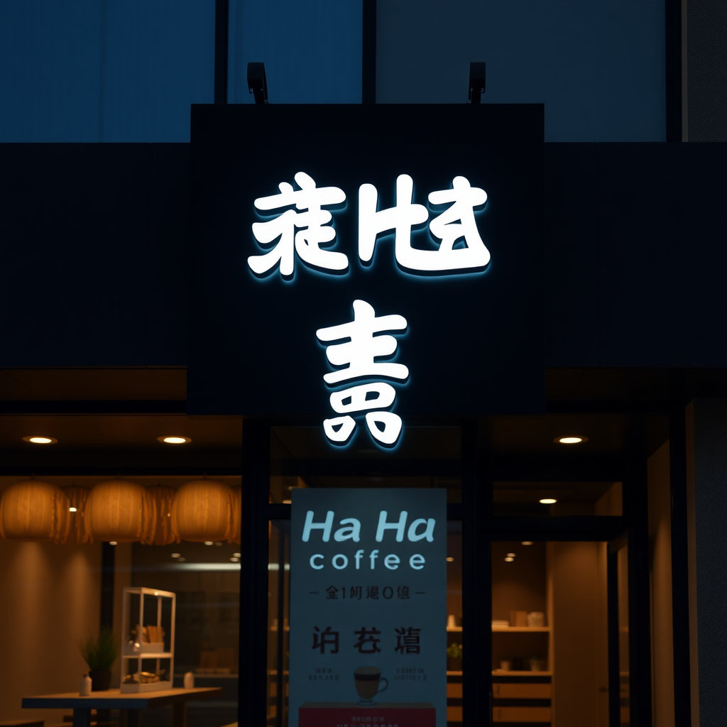 logo, coffee shop, Ha Ha coffee, designed with the character "哈", modern, letters, extreme minimalism, no shadows, clear, vector, three-dimensional, signboard, external lighting, realistic, scene display