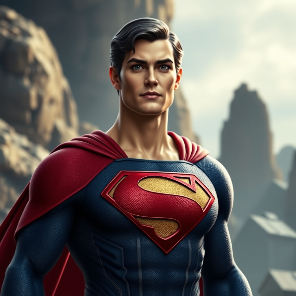 Generate a full-length photorealistic render of Superman possessing Marie Rose's female figure, maintaining his original head. Adapt his costume to fit the new form. Merge background elements inspired by both characters' worlds.