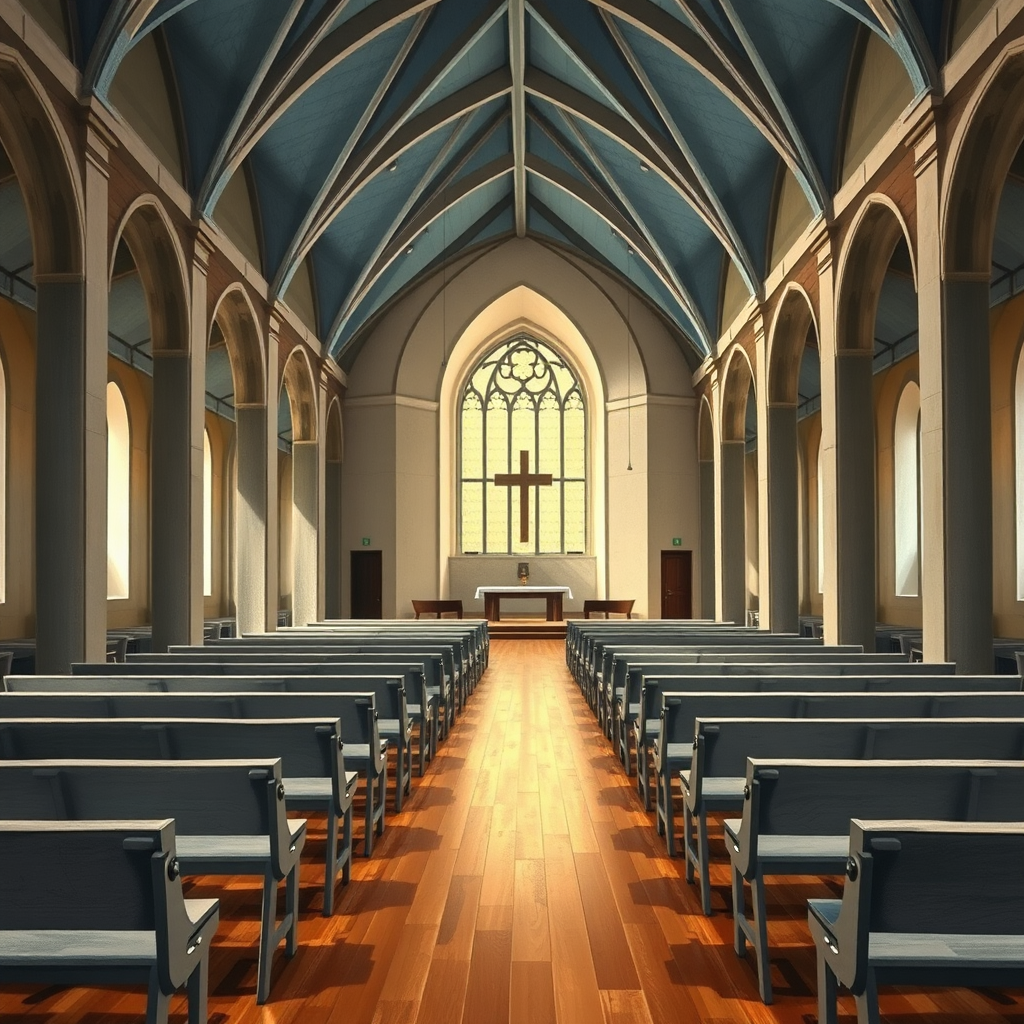 modern church with grey benches, painting style in leonardo da vinci style