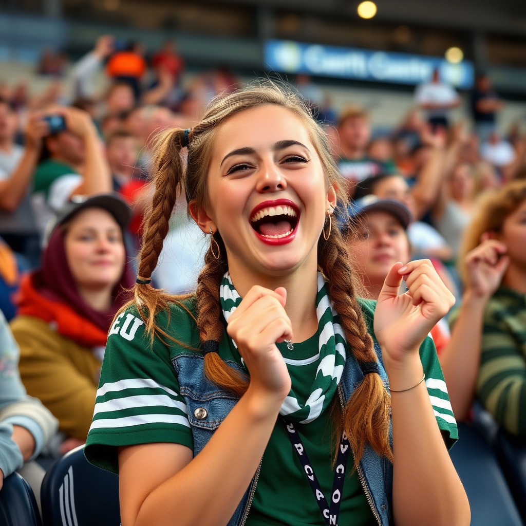 Attractive female NFL fan, pigtail hair, cheering wildly, bleacher row