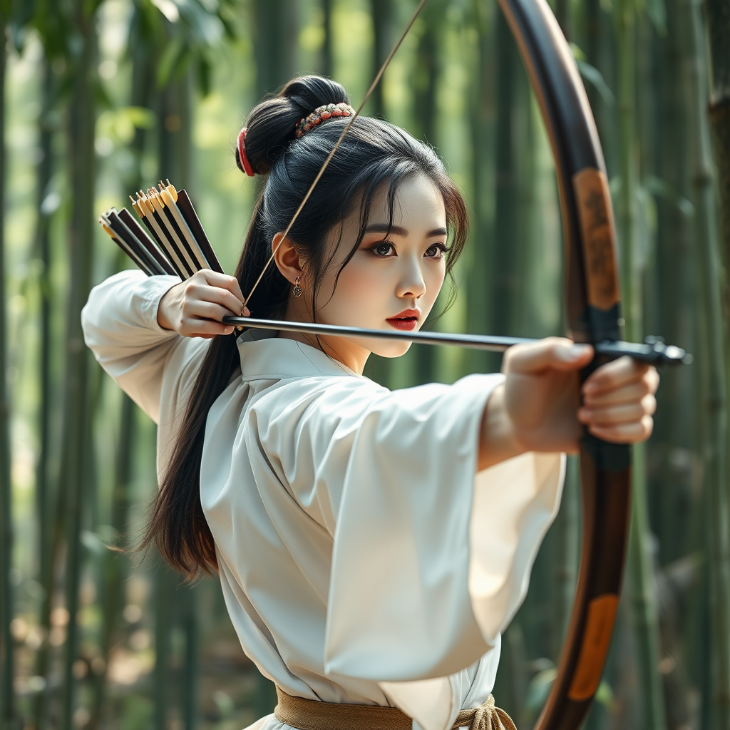 From a full-body perspective, a beautiful woman in the Tang Dynasty of China, a chivalrous man, dressed in white, pulled open her bow and arrow, and was in the bamboo forest. Movie poster, game cg.