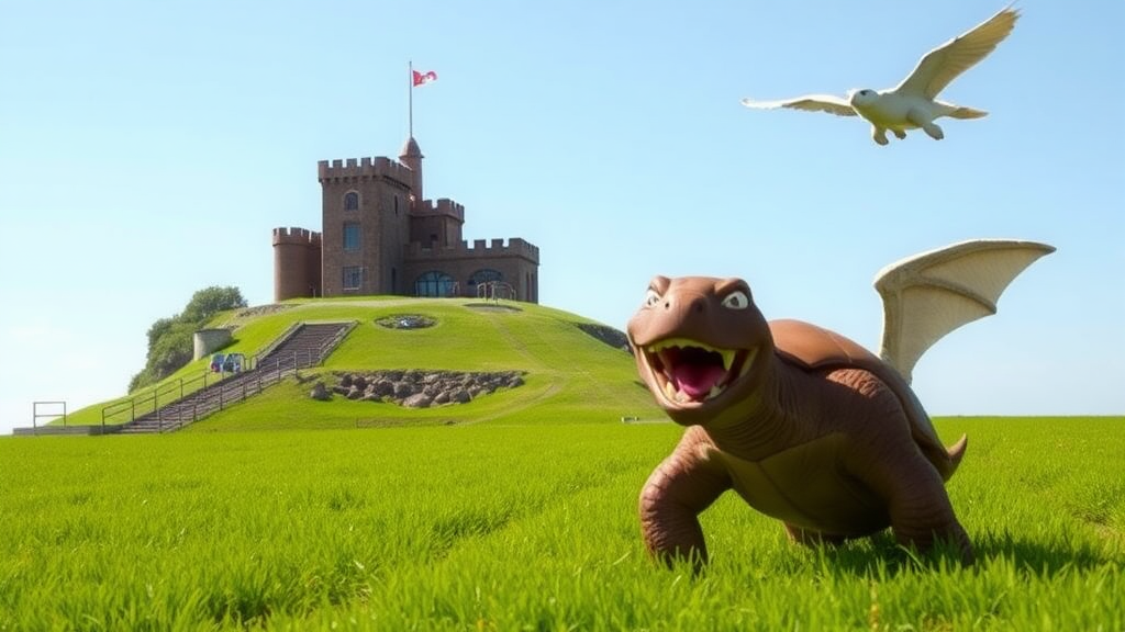 Exterior. Day. Green field. A pathway leads up a hill in the distance to a brown-brick castle with a tall flagpole outside. A large brown mushroom-shaped creature with pointy teeth. A flying turtle with white wings.