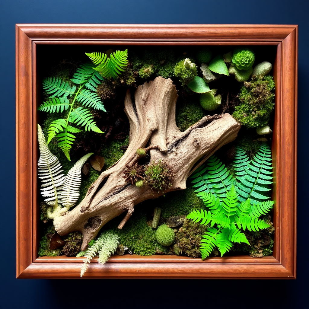 A picture frame contains various ferns and moss, with a piece of dead wood in the middle.