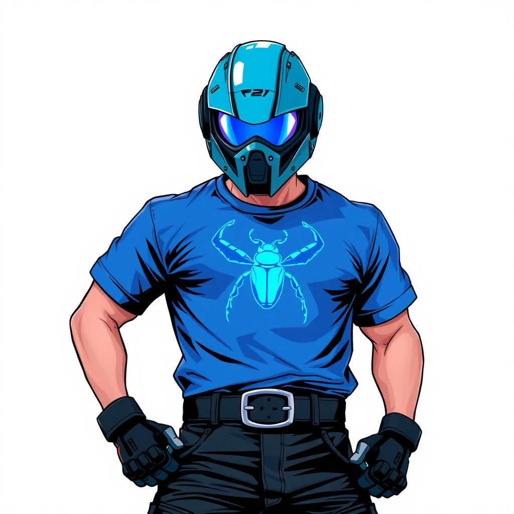 A 28-year-old cyberpunk vigilante stands heroically, clad in a maximum blue t-shirt featuring a neon blue beetle on the chest. They wear black biker pants, a black belt with a sapphire beetle buckle, and a helmet resembling a sleek, tactical design, but colored maximum blue with neon blue glowing lenses. Their hands are protected by black metal gloves, all set against a solid white background. He is drawn as if he was in a retro 2D cyberpunk fighting game.