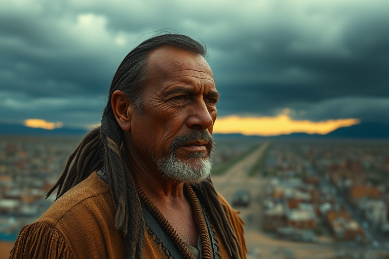 A weathered Native American man with copper skin, rugged features, and a resolute expression stands amidst a desolate post-apocalyptic city landscape under a foreboding, overcast sky, reminiscent of a Terrence Malick film, with warm golden hour hues. A wide-angle lens (1.2) captures the vast expanse, with subtle film grain and a muted color palette. Soft, diffused light scatters from the left, with a subtle gradient of warm tones, evoking a sense of melancholy and introspection.