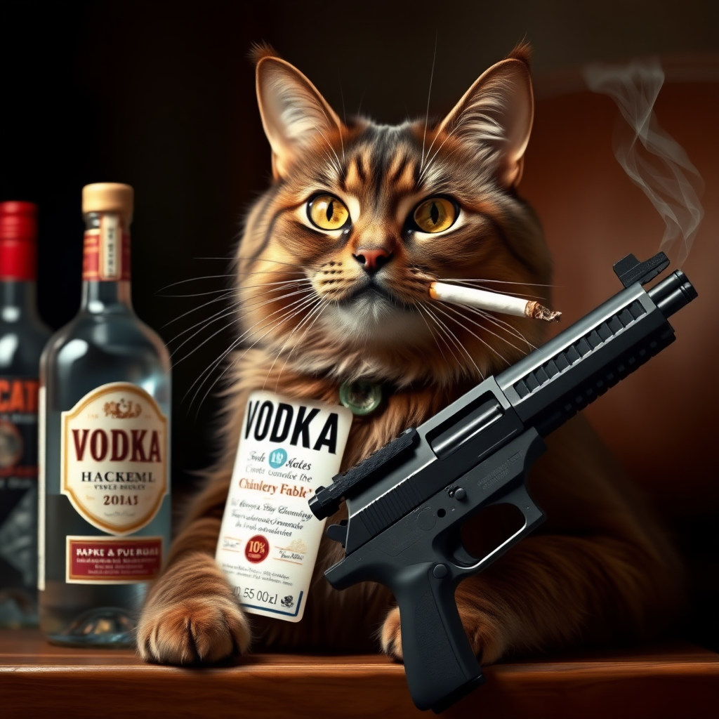 A dark brown cat with a bottle of vodka, a gun, and a cigarette in its mouth.