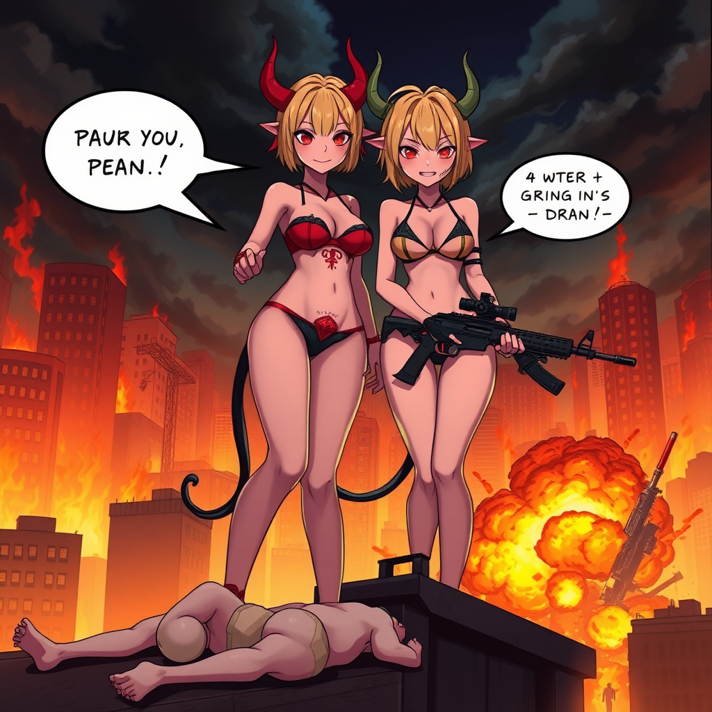 Anime, city on fire background, 2 mischievous tall-slender demon girl, short blond hair, wearing sexy-micro bikini-bra-like clothing, micro g-string bikini, Womb tattoo on belly, mischievous wicked smile, large breasts, full body, long legs, looking at viewer, speech bubble with a burning city, holding rifle, down below is 4 white skinned human males on the floor dead, a building crumbling and exploding