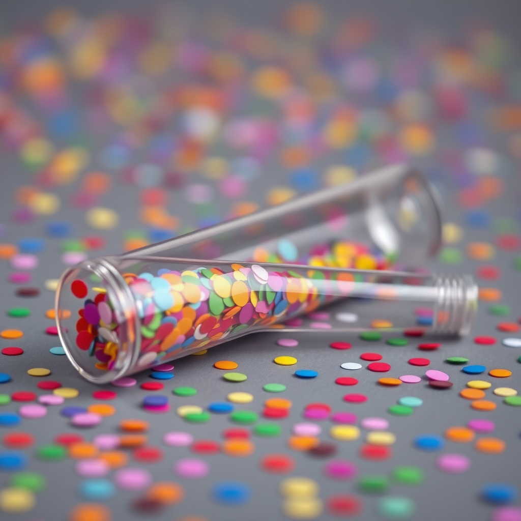 A photo of a glass fat transparent plain uniform confetti popper tube with colorful confetti inside, lying flat at an angle, with confetti around it, distant confetti blurred, reflections on the tube glass, tube closed from both ends