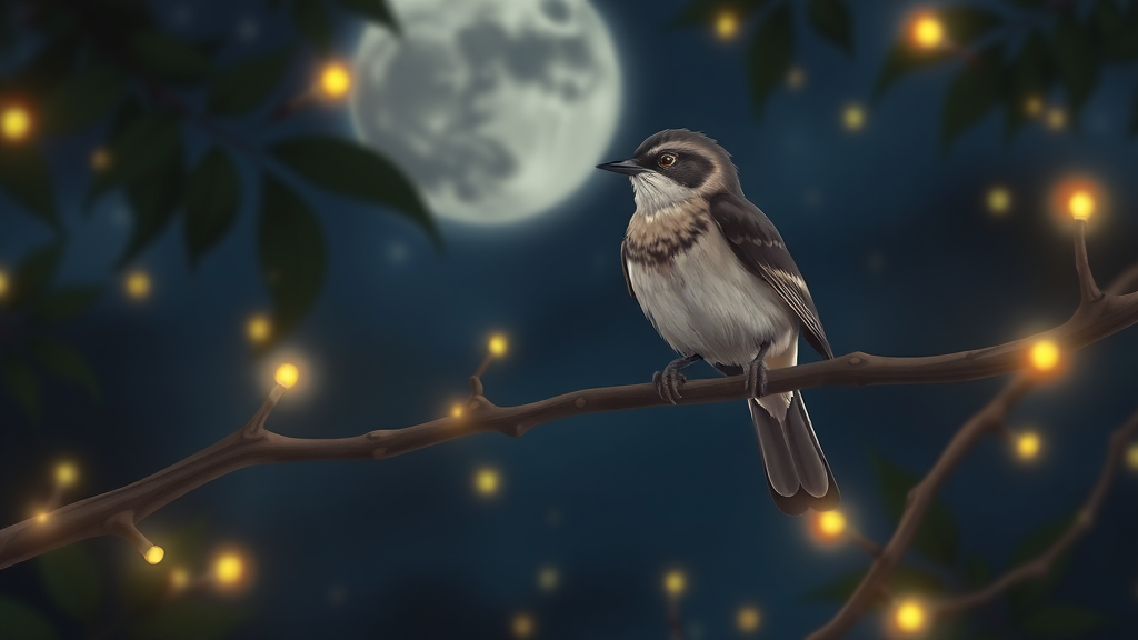 mockingbird sitting on a branch at night and little fireflies around animation