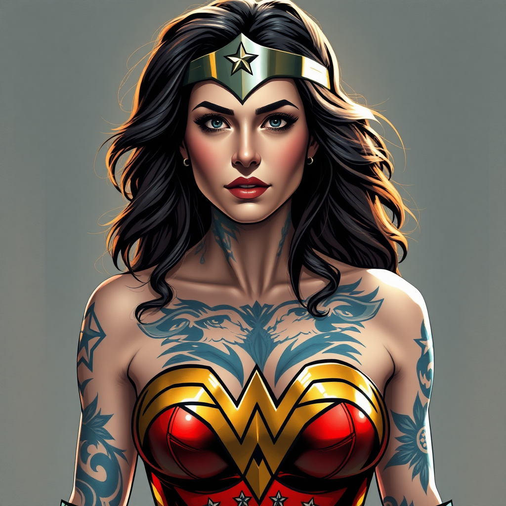 Wonderwoman with body tattoos.