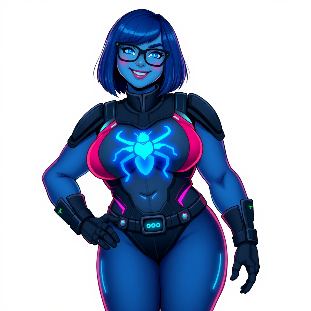 A 28-year-old full-figured computer science major, now transformed into a full-figured, nerdy digital sidekick for her cyberpunk vigilante boyfriend, with maximum blue skin. Her bob cut seamlessly blends with her skin, appearing to merge together as computer data, and her neon blue eyes glow intensely. Her full figure is defined by a prominently round gargantuan midsection, sequoia-sized limbs, and broad shoulders. As a loyal and supportive sidekick, she plays a crucial role in their missions, using her digital skills to assist and protect.

She wears a digital, computerized bodysuit which blends with her hair and skin (appearing to merge together like computer data), all are colored maximum blue. The bodysuit has a glowing neon blue beetle chest icon, along with matching high-tech gloves. She bashfully giggles with a neon red blush, emitting neon blue data cubes from her body, set against a solid white background. Heavily pampered by her doting boyfriend, her full figure (especially her prominently round gargantuan midsection) clearly shows this care. She has the ability to hack into computers and machines, and her nerdiness is blatantly obvious with her black oversized eyeglasses. Her full figure (especially her prominently round gargantuan midsection) is prominently displayed and heavily emphasized. Her outfit is influenced by DC’s Jennifer Knight Phantom Lady but remains distinct. She is drawn as if she was in a retro 2D cyberpunk fighting game. Ensure her skin color is distinct from Inside Out's Sadness and any other character. Ensure her midsection is round and her proportions are bloated to emphasize her figure.