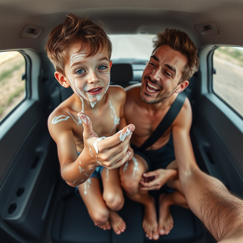 aerial selfie, selfie stick, confident athletic half dressed little 12-year-old boy with adorable hair and freckles kissing his older brother, he is curling his little toes, the boy is splattered with white liquid covering his face and drooling from his little mouth and curly hair and toes, he has braces, no clothes, his dad looks like his mind is blown by his little son, dads have hairy legs and barefoot, backseat of a small car