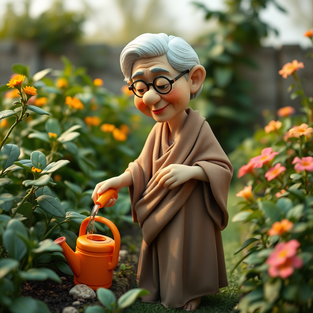 Claymation scene. A medium wide shot of an elderly woman. She is wearing flowing clothing. She is standing in a lush garden watering the plants with an orange watering can.