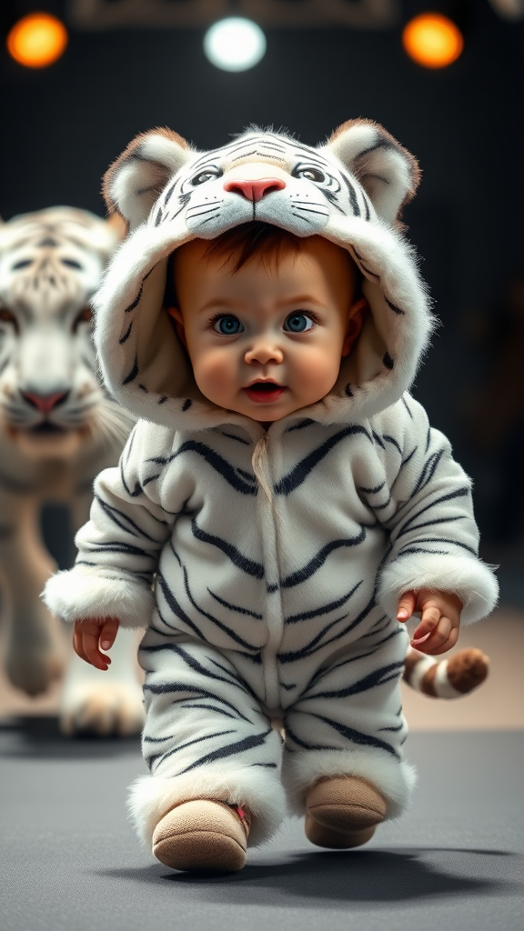 A cute small chubby fair baby with big eyes, pink lips, and pink cheeks wearing a cozy furry white tiger costume doing a ramp walk in a fashion show, walking with a real white tiger in a cinematic style.