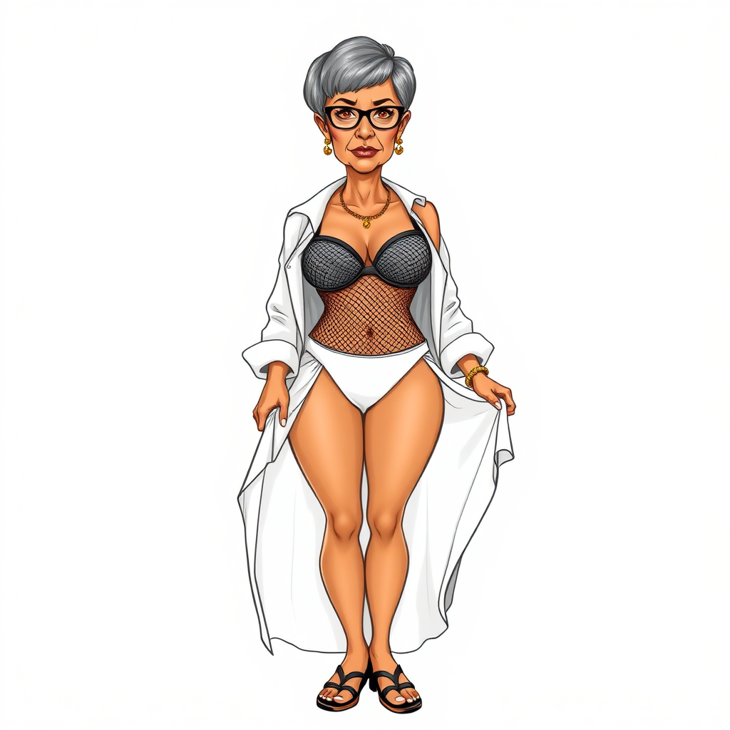 a towering 55 Years old, fit, slim, European, Latina, sharp aquiline nose, wrinkles, high cheekbones, Middle Eastern, Skinny, Tanned skin, Dark light skin, Rounded Medium breasts, Skinny thighs, full Makeup, jewelry, Serious face, Sharp nose, Ash hair, short bowl haircut, Brown eye color, Glasses, with detailed features. she is wearing an open white shirt, a black mesh balconette bras and a tight white high cut 1980s mesh cut out swimsuit and fully transparent white linen slit open pleated mini skirt, detailed fabric, detailed fabric. full body, high heels sandals, rolling up her skirt over her thighs, she is inviting the viewer to get closer, long establishing shot, 2D, caricature, cartoon, Sketch lines, coloring book, coloring book style on white background, well composed, clean coloring book page, No dither, no gradient, strong outline, No fill, No solids, vector illustration, realistic proportions