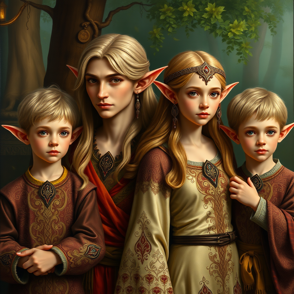 A painting depicting a couple of elves with their two sons, all dressed in beautiful elven garments with intricate patterns. photorealistic, ultra high resolution, 16K