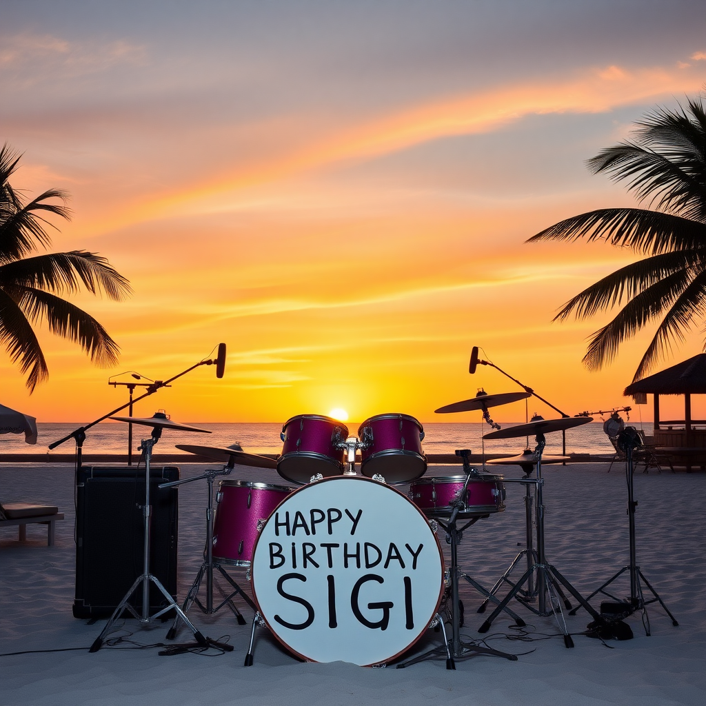 Drumset on beach with Palms and bar, white bass drum spelling the words "Happy Birthday Sigi" sunset