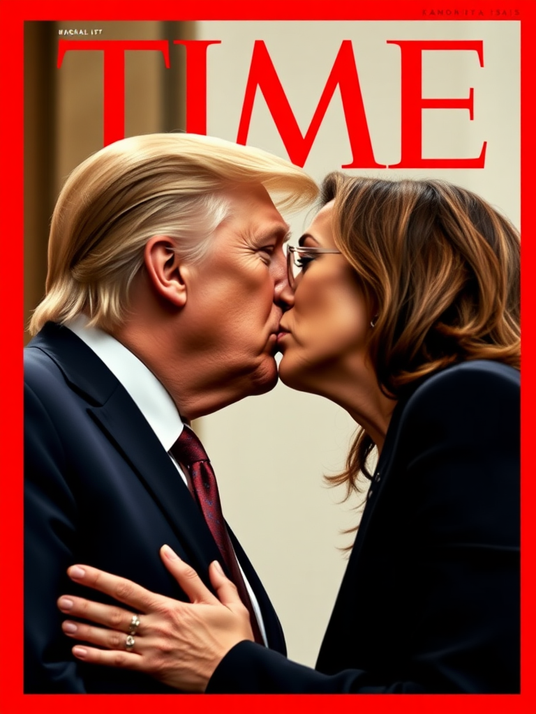 if Time Magazine had a cover of Trump and Kamala Harris a passionate kiss between them.