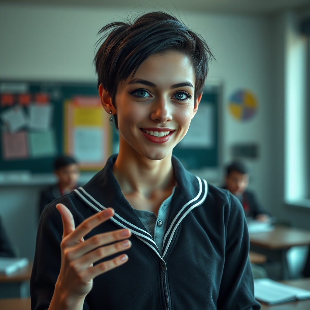 photorealistic, ultra high resolution, 16K, surreal fantasy, soft studio lighting, a pretty 17 year old goth male, slim male physique, short dark hair, blue eyes, goth makeup, earrings, sheer pantyhose, UK girls-school uniform, Mary-Jane shoes, standing in the classroom delivering a talk, excited smile, facing the camera.