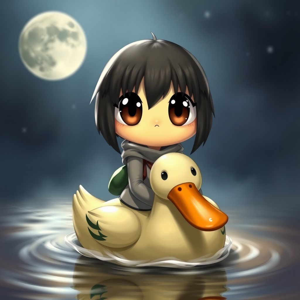 mikasa with huge eyes riding a duck