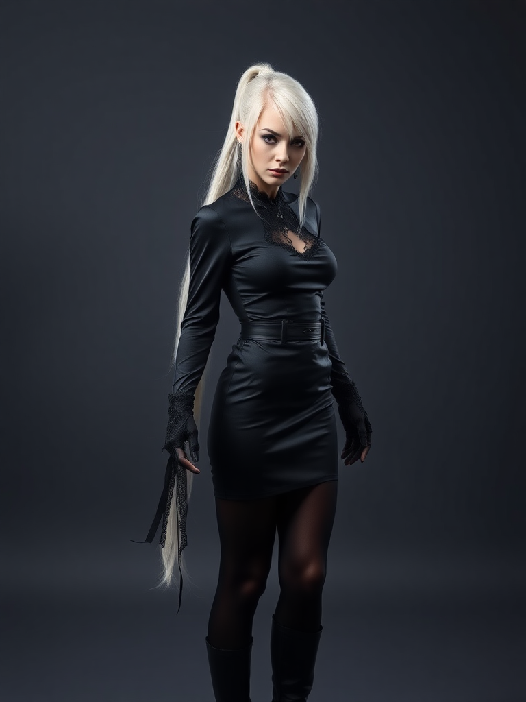 mature adult woman, skinny and tall, long legs, large shoulders, teardrop saggy small breast, long asymmetric undercut layered white hair, side swept bang, long white ponytail tied with a black lace, beautiful detailed face, piercing red eyes with intricate iris details, looking at the camera with a serious expression, wearing gothic style, black silk long sleeve top, black silk long skirt, black pantyhose, black gloves, black ankle boots, standing in a fierce pose with her head held high