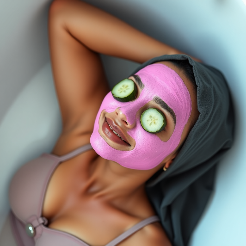 A skinny, traditional, 30 year old Indian wife with hijab, wearing a bra and skirt, lying in a bath tub. Her face is covered with pink face mask, and her eyes are covered with cucumber slices. She looks satisfied from her facial expression.