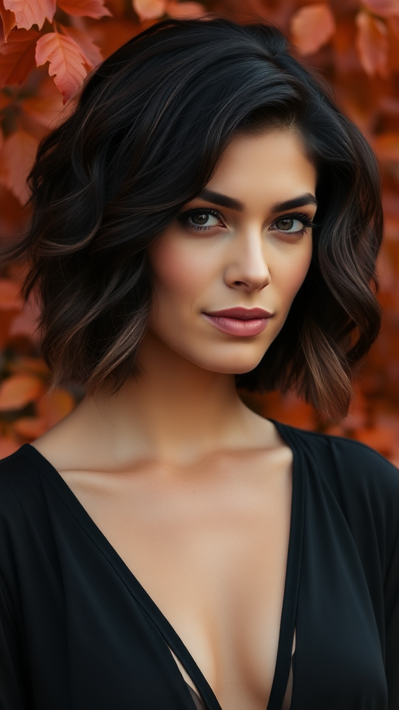 Sara Sampaio with short wavy hair, black color with highlights, against the backdrop of autumn chestnut foliage, in high definition.