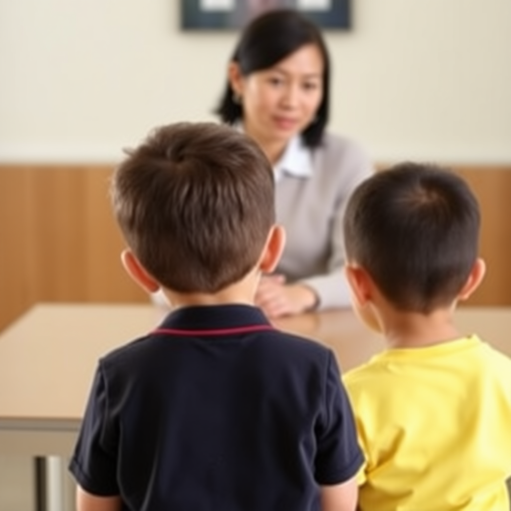 An amateur photograph, taken from behind a child. The child is sitting down in front of a table. Behind the table, a female counsellor is sitting. The counsellor is East Asian. The child and the counsellor are engaged in conversation.