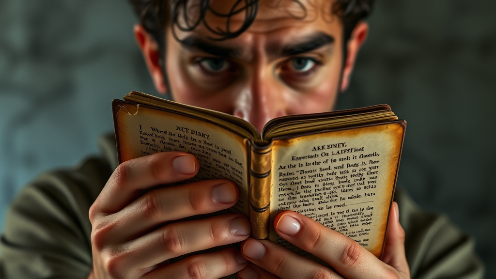 Miguel holding an old, dusty diary with trembling hands, his eyes widening as he reads disturbing accounts of experiments on patients.