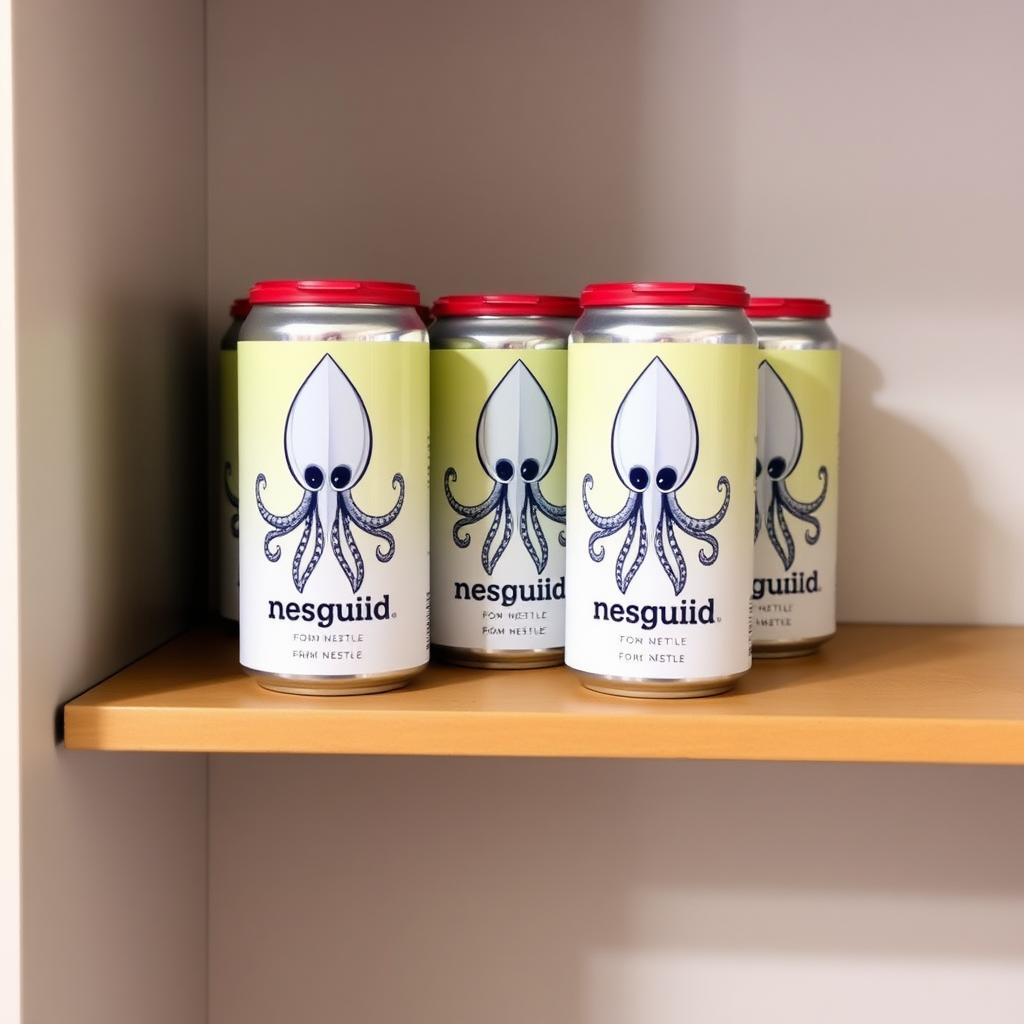 a small shelf with cans that have an image of squid on the label and text saying "nesquid from nestle"