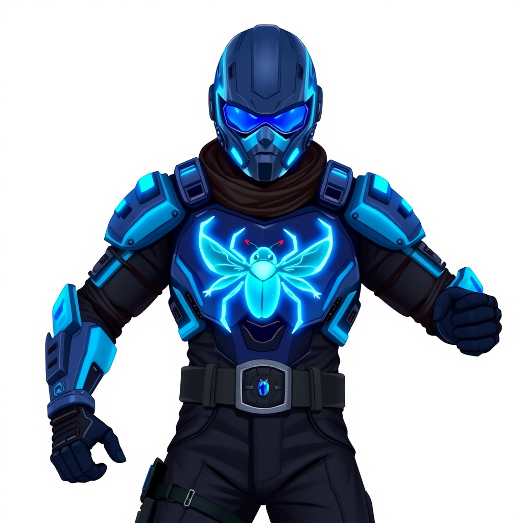 A 28-year-old cyberpunk vigilante stands heroically, clad in high-tech, maximum blue, light armor featuring a neon blue glowing beetle on the chest. They wear black biker pants, a black belt with a sapphire beetle buckle, and a head covering helmet resembling a sleek, tactical design, but colored maximum blue with neon blue glowing lenses. Their hands are protected by black metal gloves, all set against a solid white background. He is drawn as if he was in a retro 2D cyberpunk fighting game.