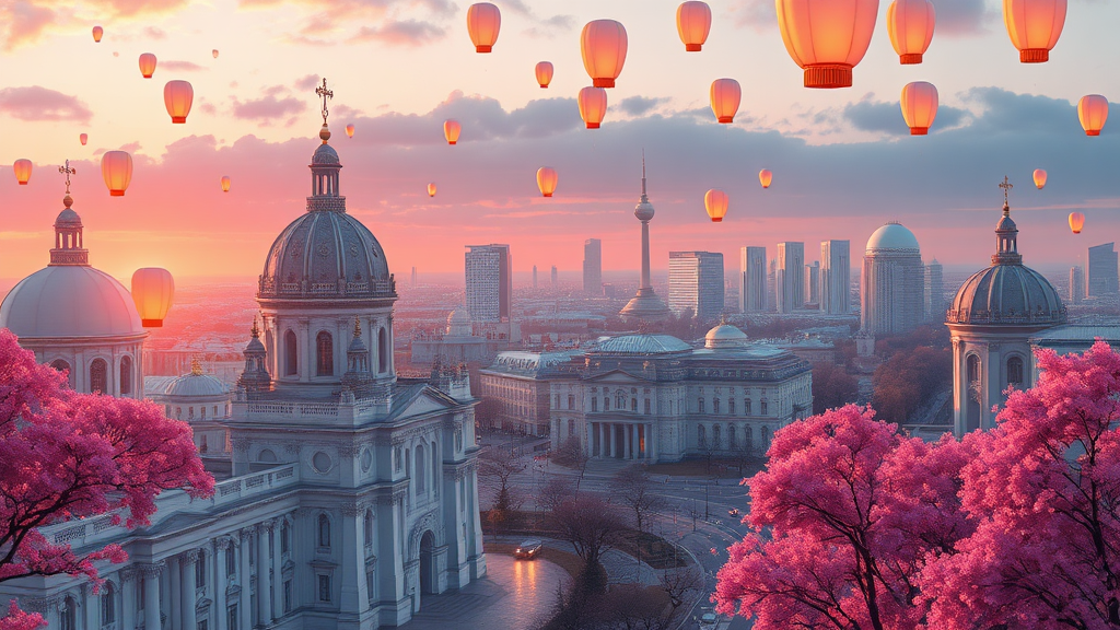 This anime art concept in 8k resolution brings to life a cityscape at sunset that blends historical grandeur with futuristic innovation. The city, inspired by Russian Tartarian architecture, features majestic structures with ornate details and intricate designs, showcasing an opulent and storied past.

The foreground reveals immaculate streets lined with grand cathedrals and dome-shaped white buildings, each one a marvel of architectural beauty. These buildings, with their elaborate facades and towering spires, reflect the rich cultural heritage of the city, along with beautiful pink trees.

In the distance, technologically advanced metropolis uniquely designed white-grey buildings glow with vibrant lights, contrasting sharply with the historical architecture. Their sleek, futuristic designs add a dynamic and forward-looking element to the scene.

The sky is adorned with floating lanterns, drifting gracefully and casting a warm, magical glow over the city. Pink foliage adds a touch of whimsy and elegance to the landscape, with vibrant hues enhancing the dreamlike quality of the scene.

Bubble-shaped vehicles glide smoothly across the landscape, showcasing advanced transportation technology while seamlessly integrating with the city’s aesthetic. These vehicles move along clean, well-maintained streets, highlighting the city’s blend of tradition and innovation.

Overall, the scene is framed by the ice wall, hinting at the fascinating world beyond and adding a sense of grandeur and mystery to the composition. This exquisite portrayal captures both the historical richness and futuristic vision of the city, creating a captivating and immersive experience.